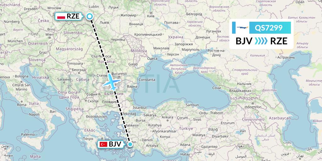 QS7299 Smartwings Flight Map: Bodrum to Rzeszow