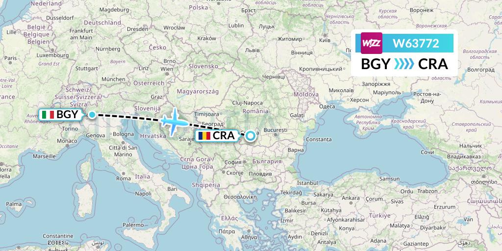 W63772 Wizz Air Flight Map: Milan to Craiova