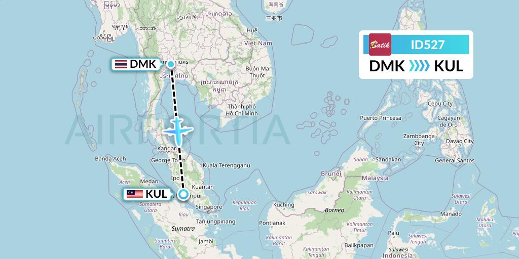 ID527 Batik Air Flight Map: Bangkok to Kuala Lumpur
