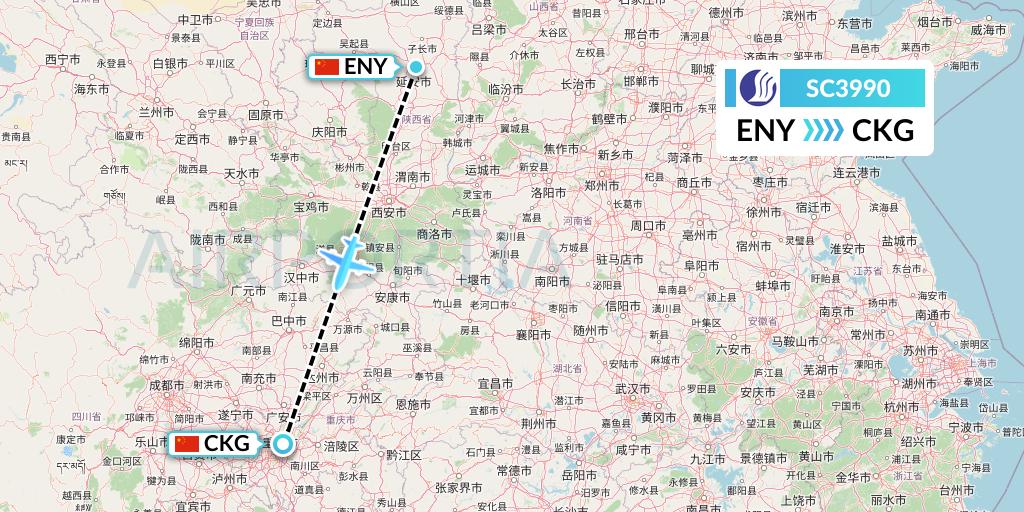 SC3990 Shandong Airlines Flight Map: Yan'an to Chongqing