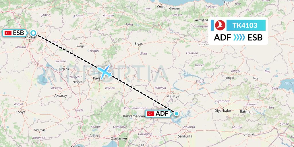 TK4103 Turkish Airlines Flight Map: Adiyaman to Ankara