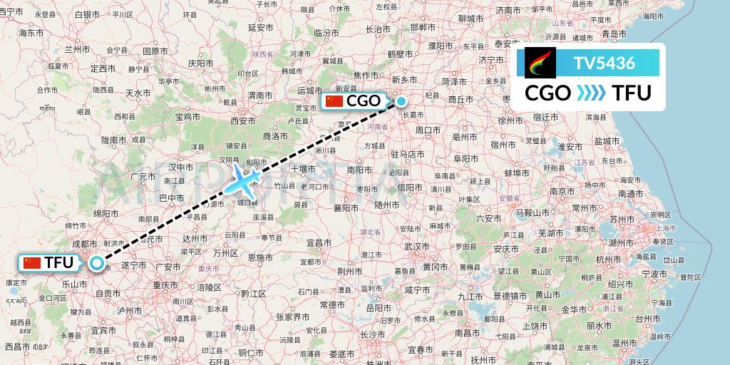 TV5436 Tibet Airlines Flight Map: Zhengzhou to Chengdu