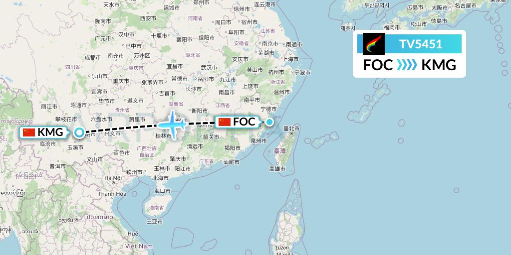 TV5451 Tibet Airlines Flight Map: Fuzhou to Kunming