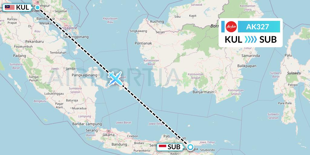 AK327 AirAsia Flight Map: Kuala Lumpur to Surabaya