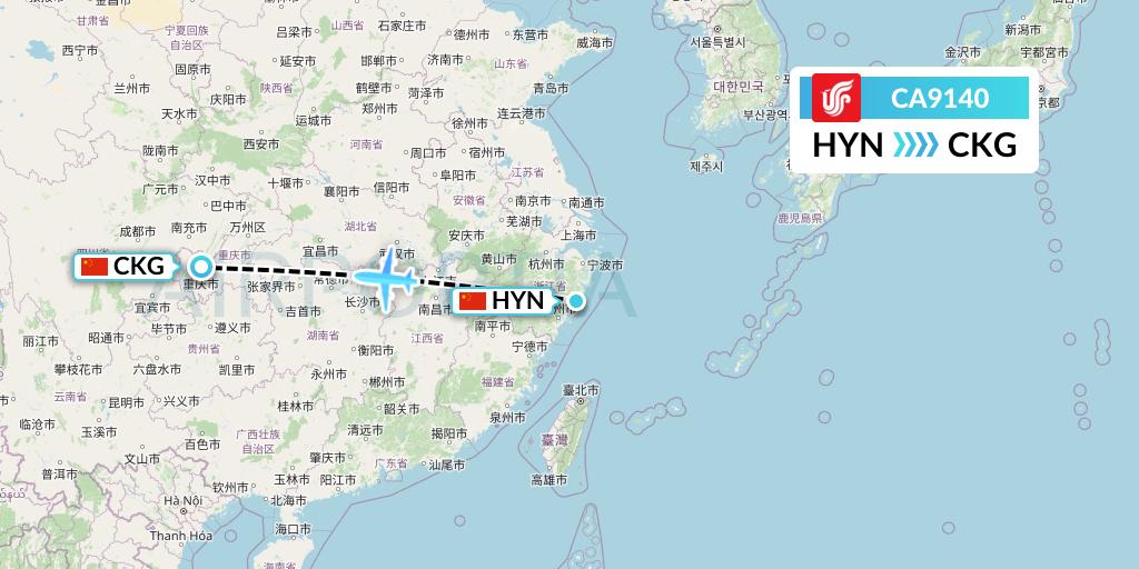 CA9140 Air China Flight Map: Huangyan to Chongqing