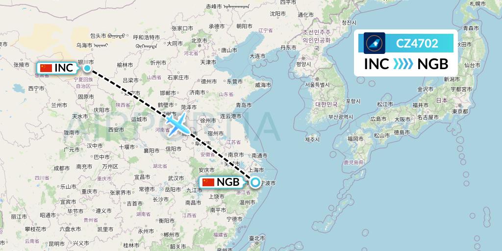 CZ4702 China Southern Airlines Flight Map: Yinchuan to Ningbo