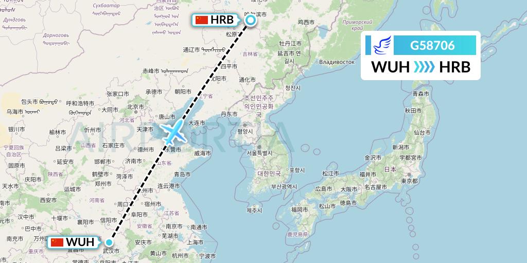 G58706 China Express Airlines Flight Map: Wuhan to Harbin
