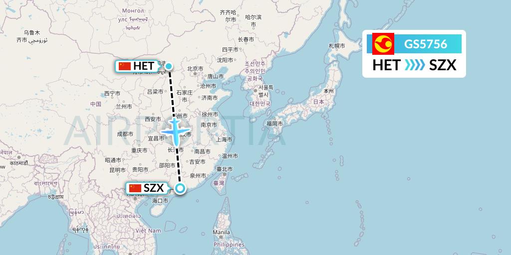 GS5756 Tianjin Airlines Flight Map: Hohhot to Shenzhen