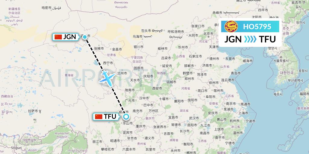 HO5795 Juneyao Airlines Flight Map: Jiayuguan to Chengdu