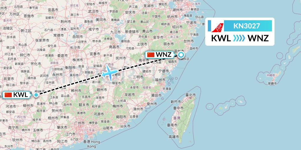 KN3027 China United Airlines Flight Map: Guilin to Wenzhou