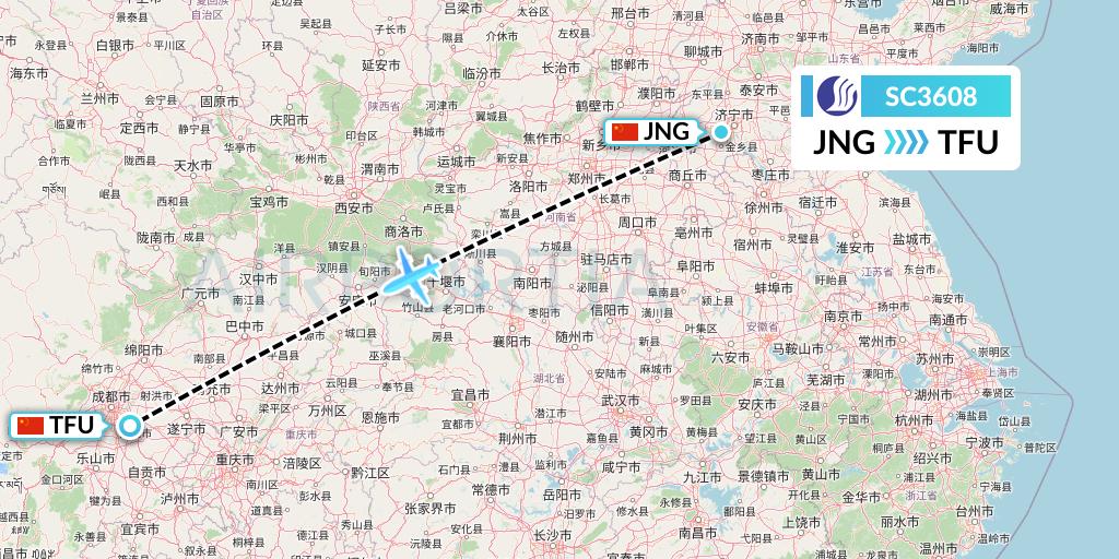 SC3608 Shandong Airlines Flight Map: Jining to Chengdu