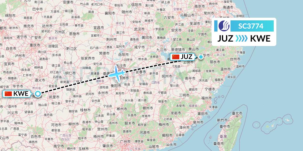 SC3774 Shandong Airlines Flight Map: Quzhou to Guiyang