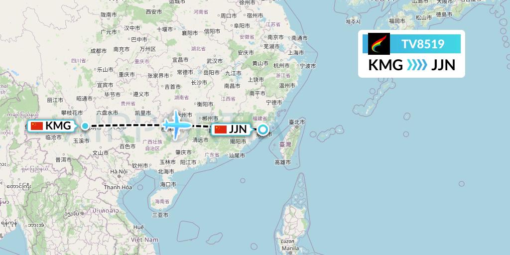 TV8519 Tibet Airlines Flight Map: Kunming to Jinjiang