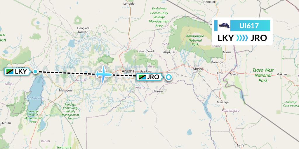 UI617 Auric Air Flight Map: Lake Manyara National Park to Kilimanjaro