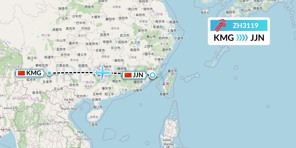 ZH3119 Shenzhen Airlines Flight Map: Kunming to Jinjiang