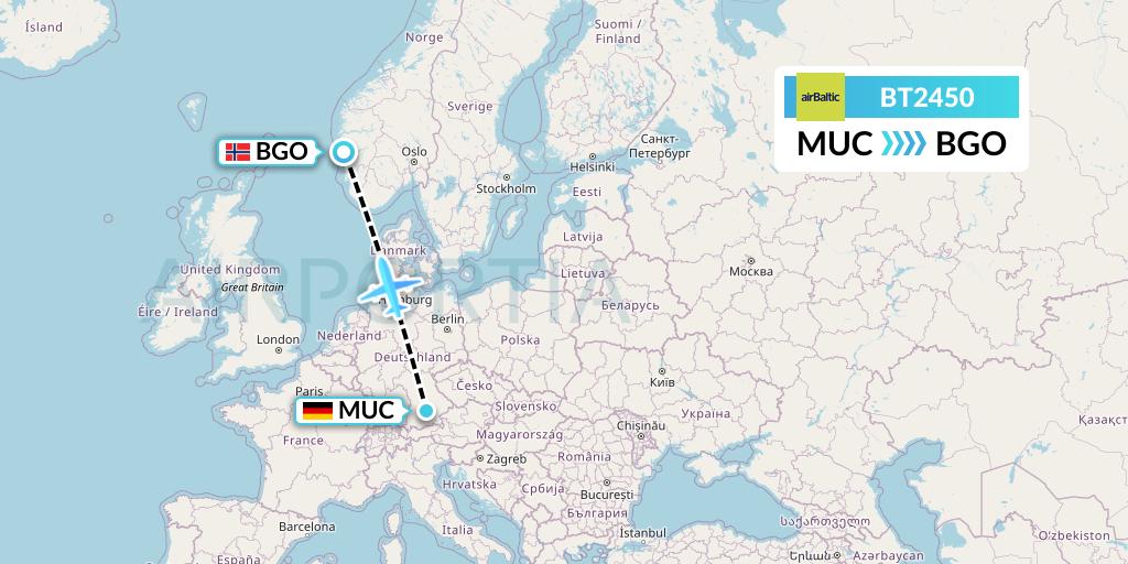 BT2450 Air Baltic Flight Map: Munich to Bergen