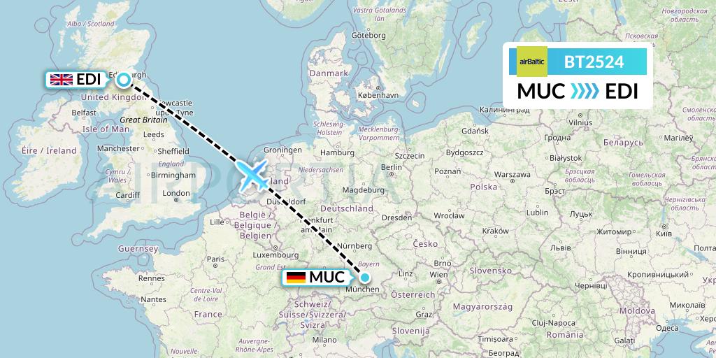 BT2524 Air Baltic Flight Map: Munich to Edinburgh
