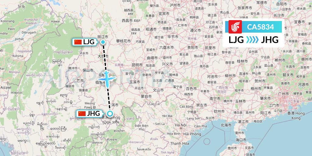 CA5834 Air China Flight Map: Lijiang to Jinghong