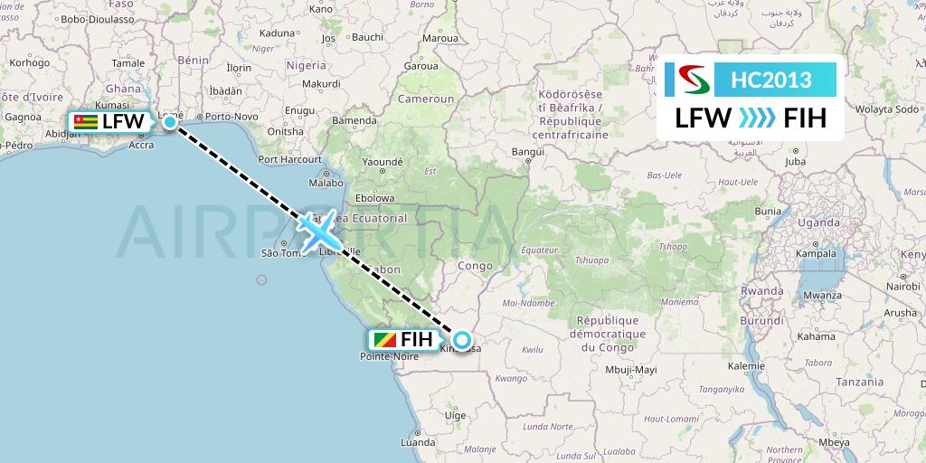 HC2013 Air Senegal Flight Map: Lome to Kinshasa