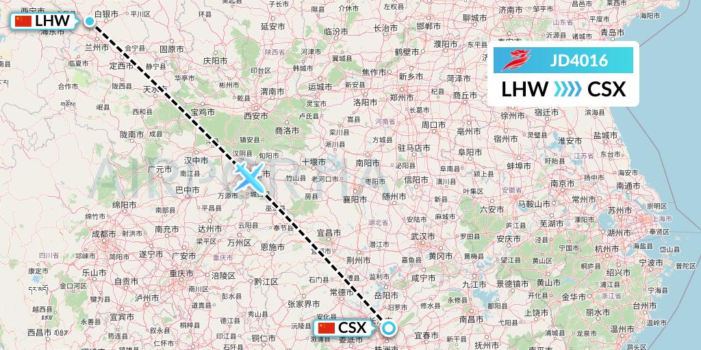 JD4016 Capital Airlines Flight Map: Lanzhou to Changsha