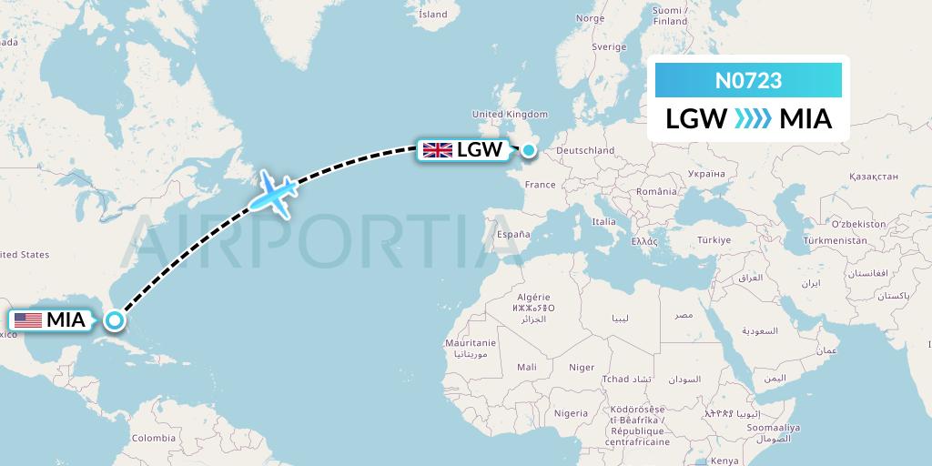 N0723 Norse Atlantic Airways Flight Map: London to Miami
