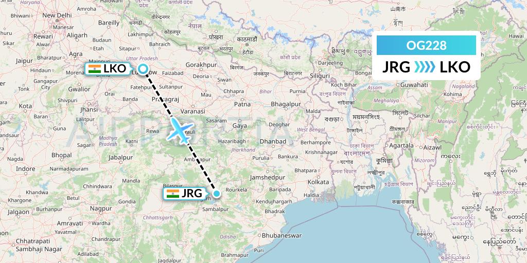 OG228 Fly Play Flight Map: Ranchi to Lucknow