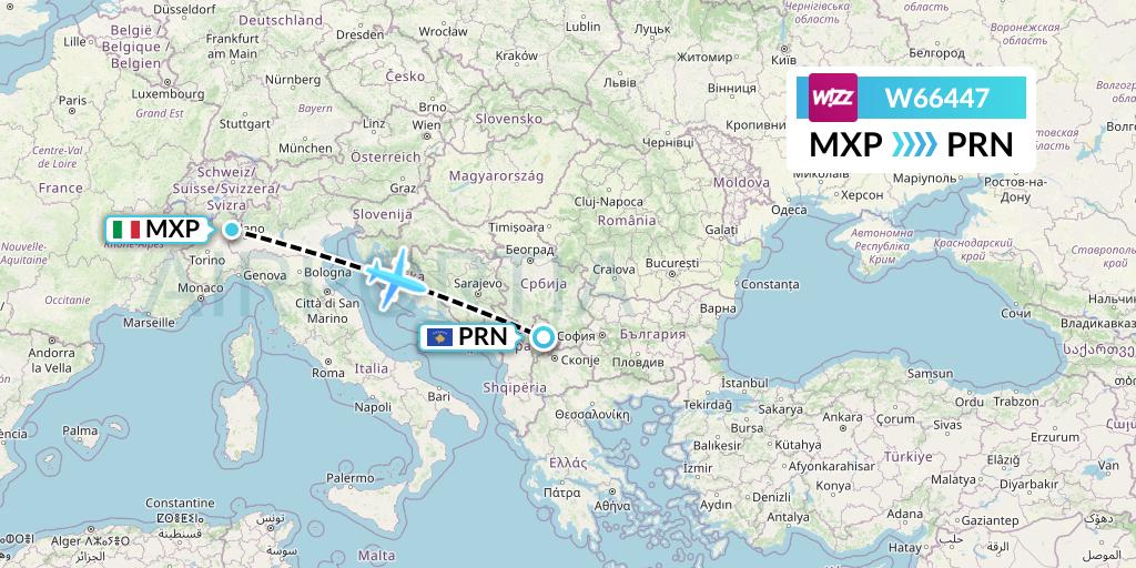 W66447 Wizz Air Flight Map: Milan to Pristina
