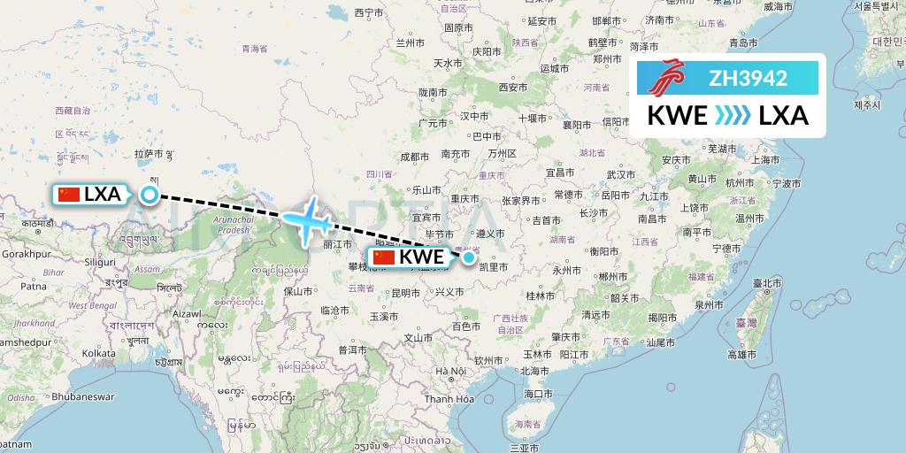 ZH3942 Shenzhen Airlines Flight Map: Guiyang to Lhasa