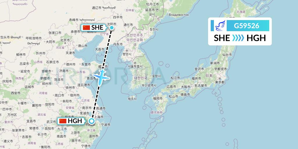 G59526 China Express Airlines Flight Map: Shenyang to Hangzhou