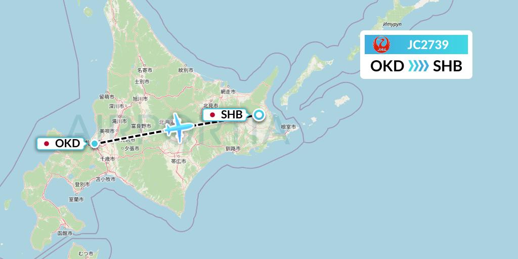 JC2739 Japan Air Commuter Flight Map: Sapporo to Nakashibetsu