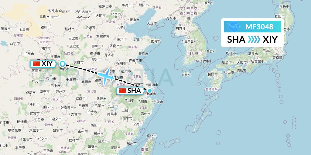 MF3048 Xiamen Airlines Flight Map: Shanghai to Xi'an