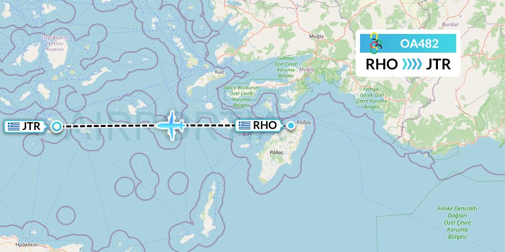 OA482 Olympic Air Flight Map: Rhodes to Santorini