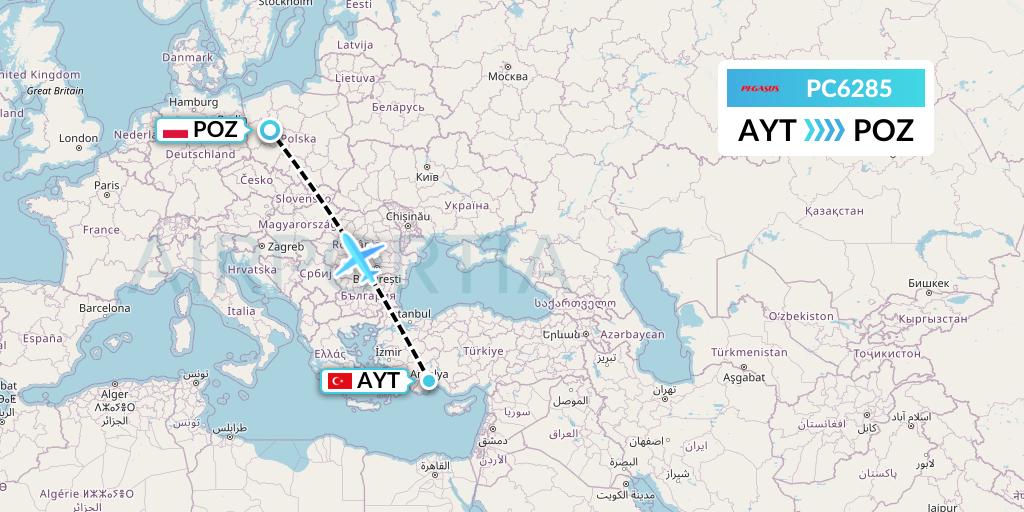 PC6285 Pegasus Airlines Flight Map: Antalya to Poznan