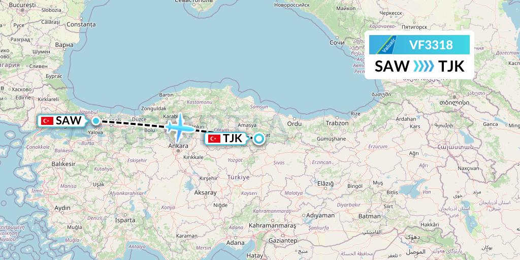 VF3318 ValuAir Flight Map: Istanbul to Tokat