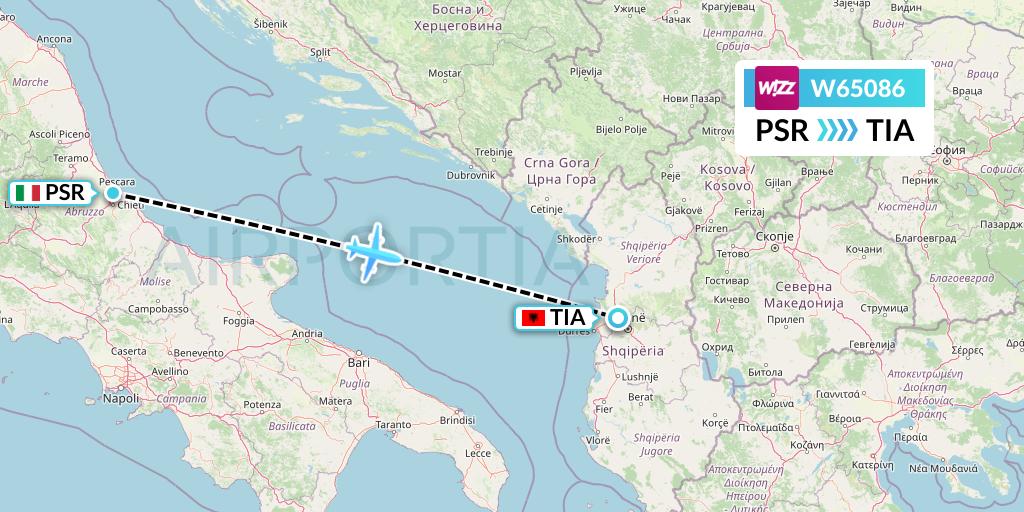W65086 Wizz Air Flight Map: Pescara to Tirana