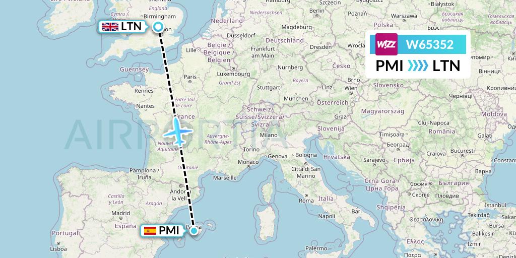W65352 Wizz Air Flight Map: Palma de Mallorca to London