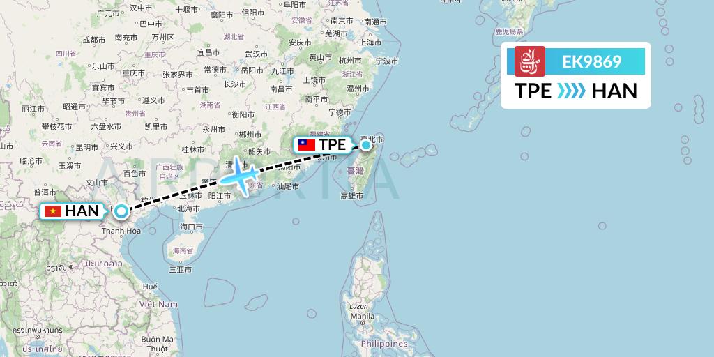 EK9869 Emirates Flight Map: Taipei to Hanoi