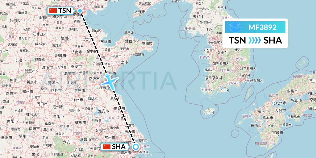 MF3892 Xiamen Airlines Flight Map: Tianjin to Shanghai