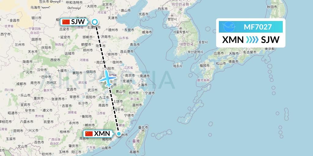 MF7027 Xiamen Airlines Flight Map: Xiamen to Shijiazhuang