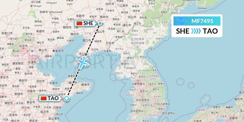 MF7495 Xiamen Airlines Flight Map: Shenyang to Qingdao