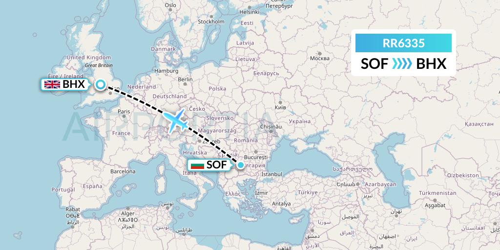 RR6335 Royal Air Force Flight Map: Sofia to Birmingham
