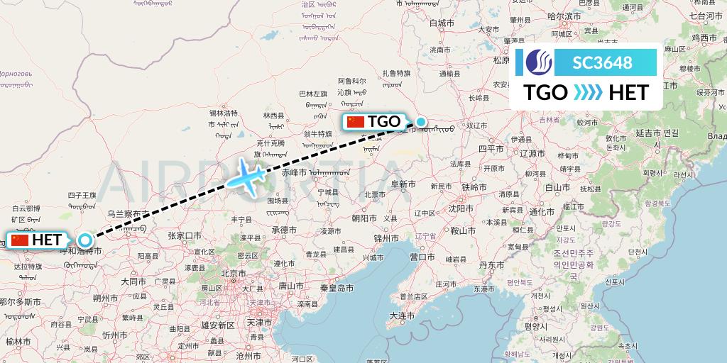 SC3648 Shandong Airlines Flight Map: Tongliao to Hohhot