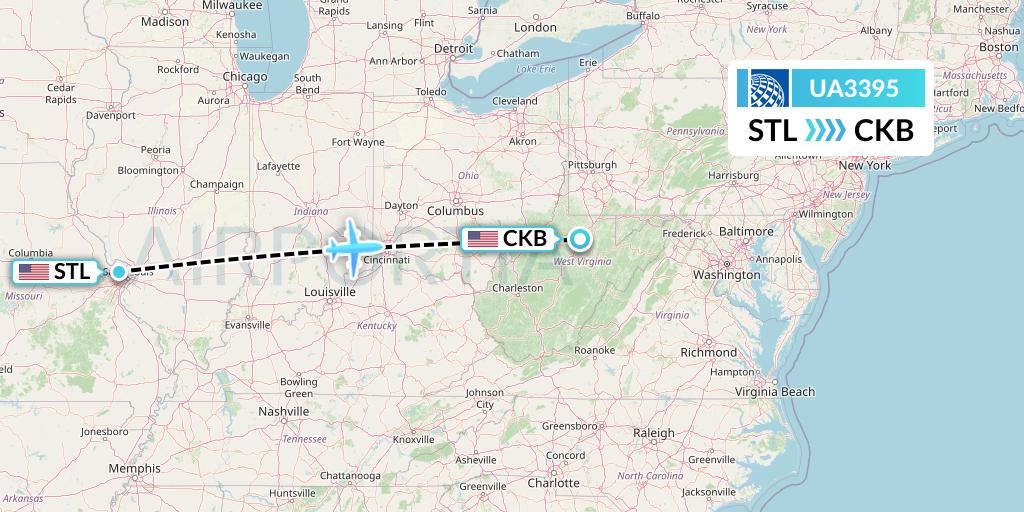 UA3395 United Airlines Flight Map: St. Louis to Clarksburg