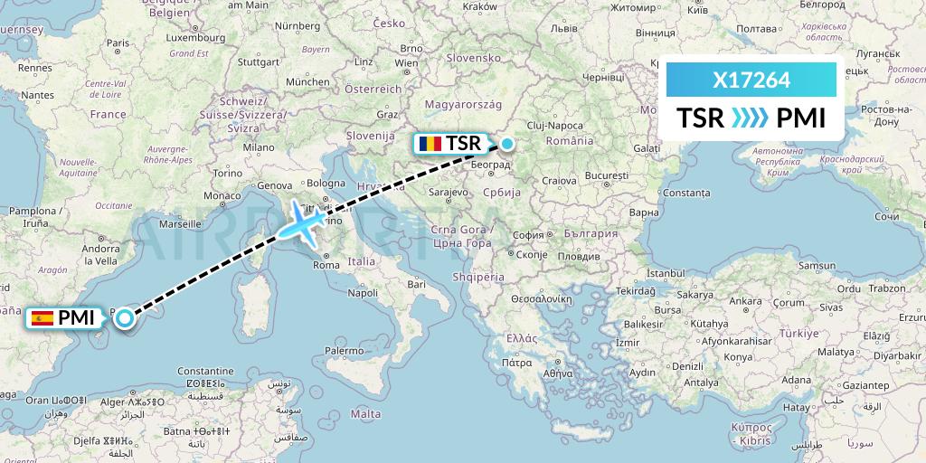 X17264 Nik Airways Flight Map: Timisoara to Palma de Mallorca