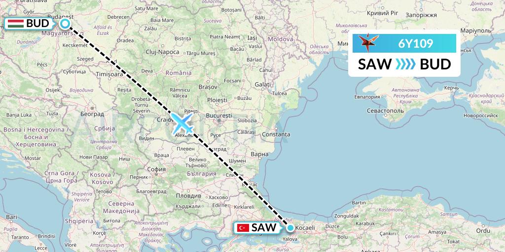 6Y109 SmartLynx Flight Map: Istanbul to Budapest