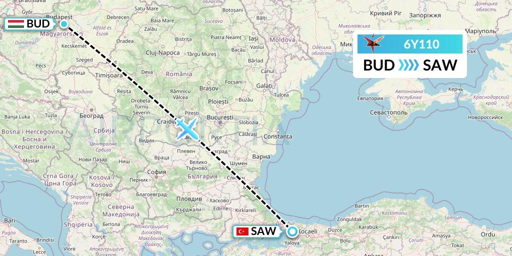 6Y110 SmartLynx Flight Map: Budapest to Istanbul