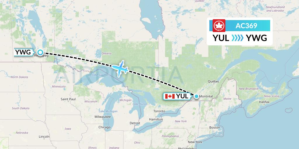 AC369 Air Canada Flight Map: Montreal to Winnipeg