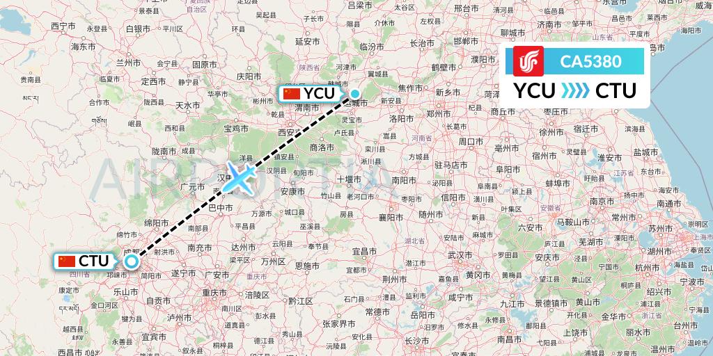 CA5380 Air China Flight Map: Yuncheng to Chengdu