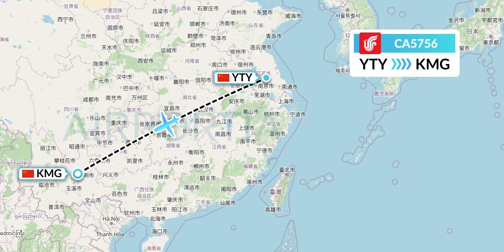 CA5756 Air China Flight Map: Yangzhou to Kunming
