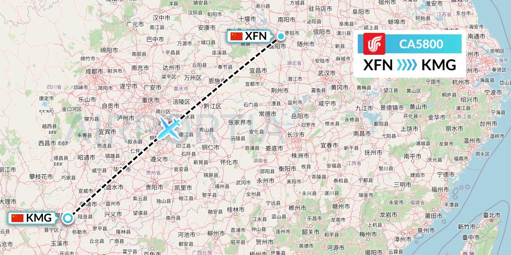 CA5800 Air China Flight Map: Xiangyang to Kunming